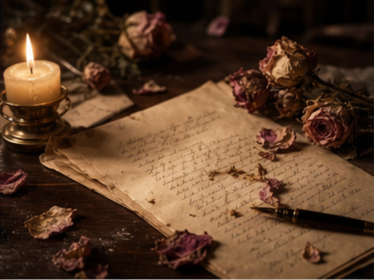 A candlelit regret letter with dried roses and a fountain pen