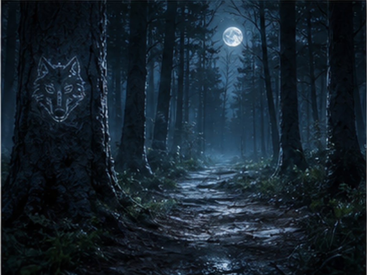 A moonlit forest path with a silver wolf mark glowing in the trees