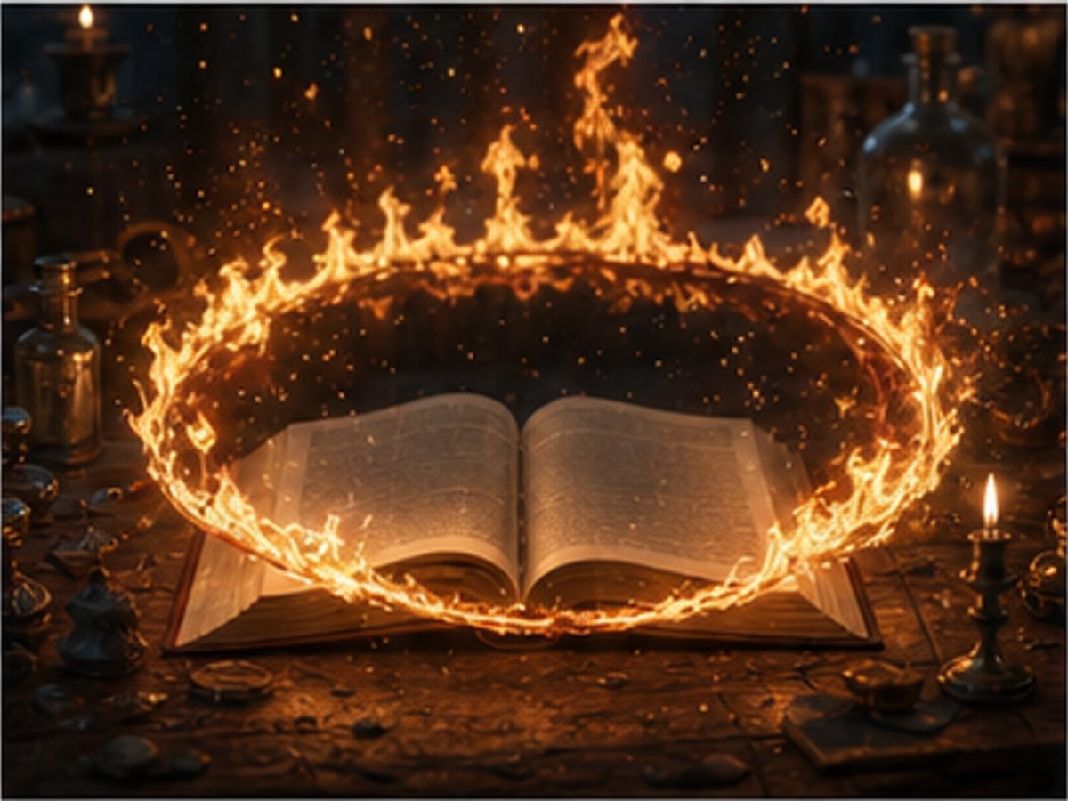 A controlled ring of fire glowing above an open fantasy book