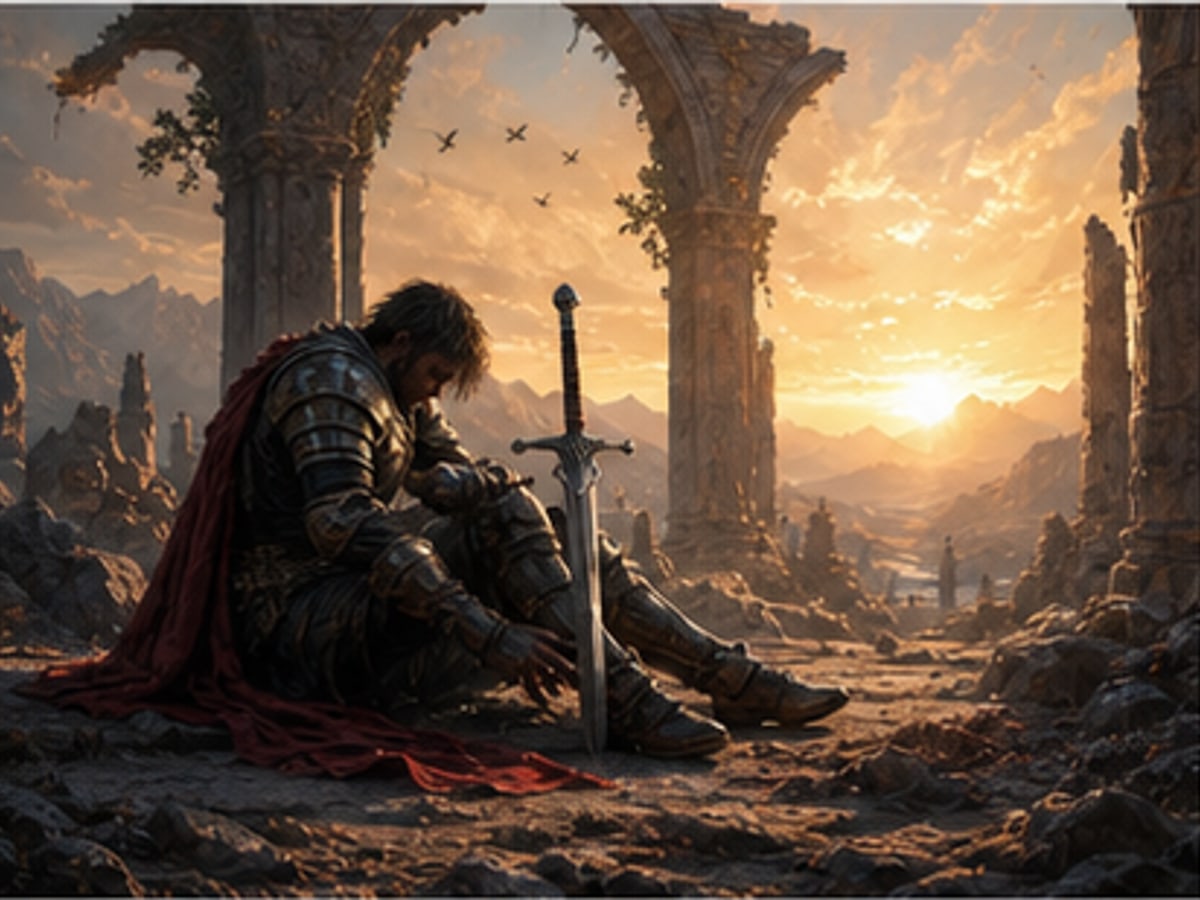 A fallen armored hero beneath a broken arch at sunrise