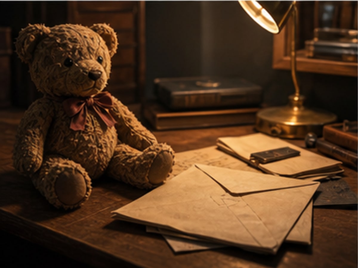 A childhood heirloom beside an opened envelope on a desk